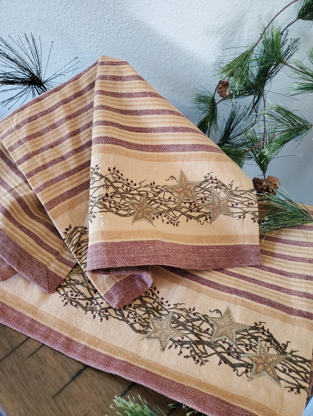 Rustic Primitive Barn Star Burgundy and Tan Ticking Stripe Cotton Placemats